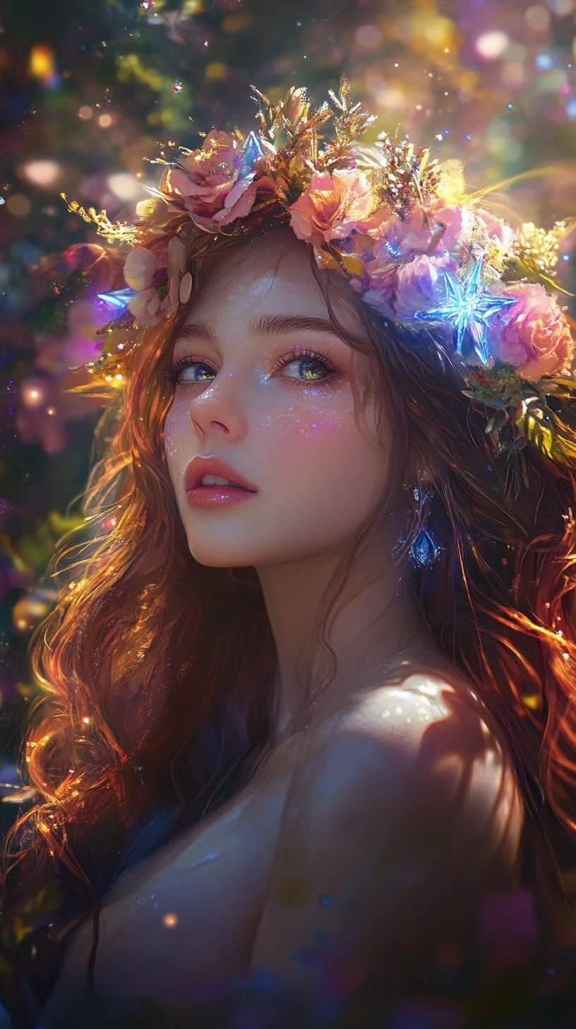 Ethereal woman in crystal floral crown among glowing blooms