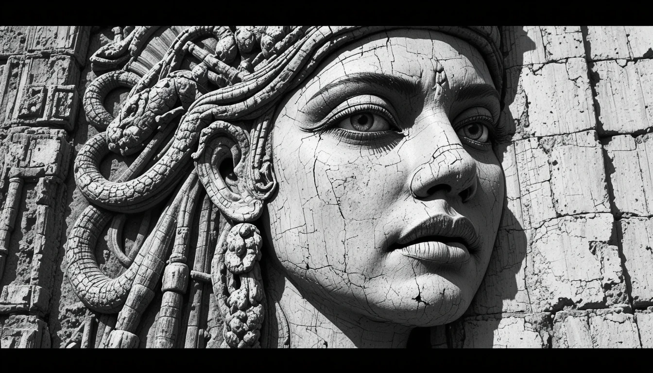 Close-up em estilo Sin City de antiga deusa serpente de pedra