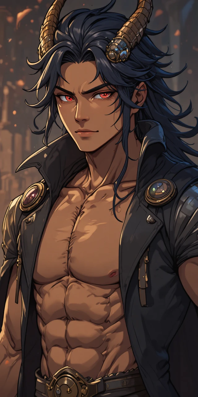 Muscular anime warrior with dragon horns and golden eyes
