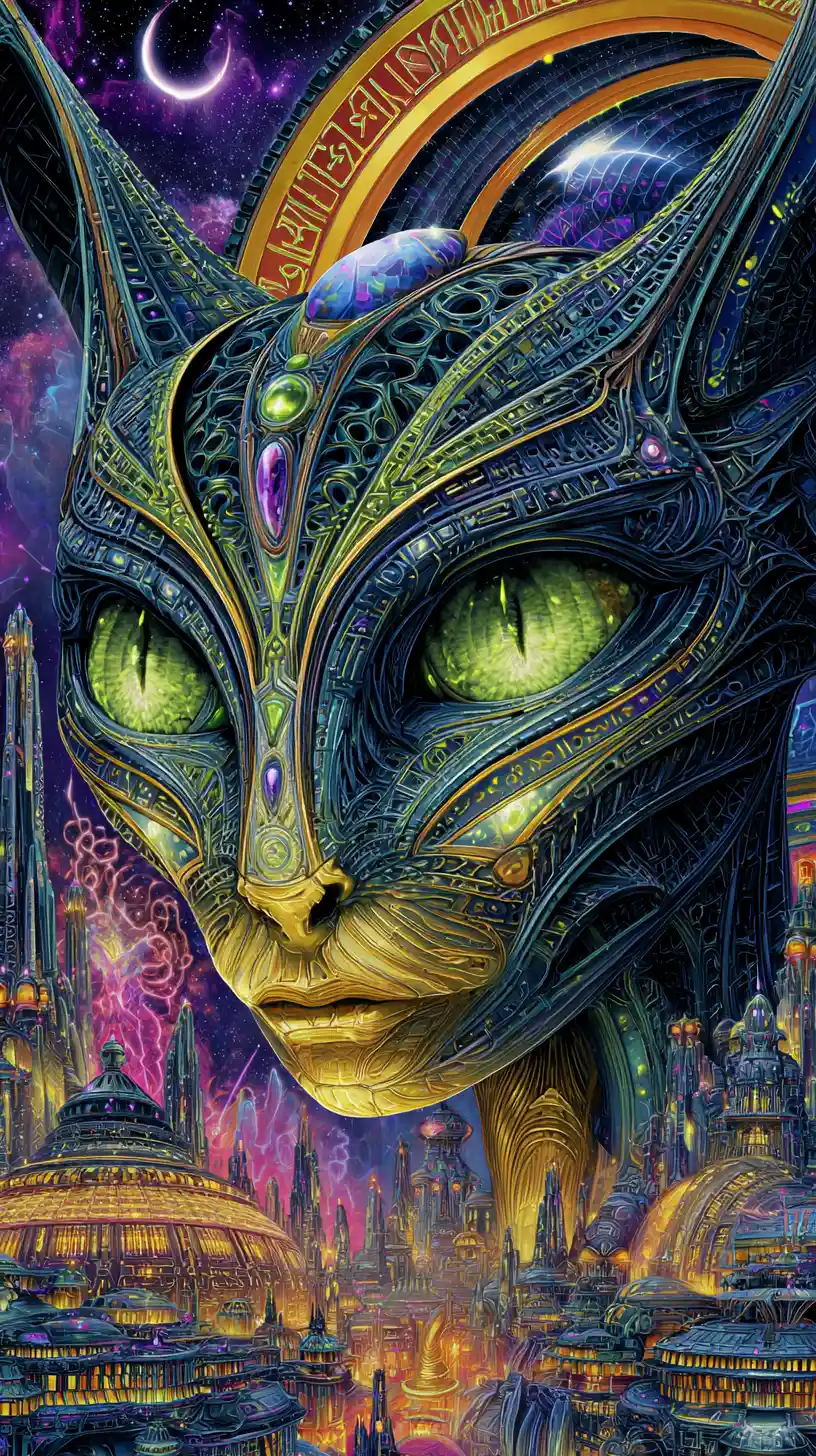 Ethereal alien queen with glowing eyes above cosmic city
