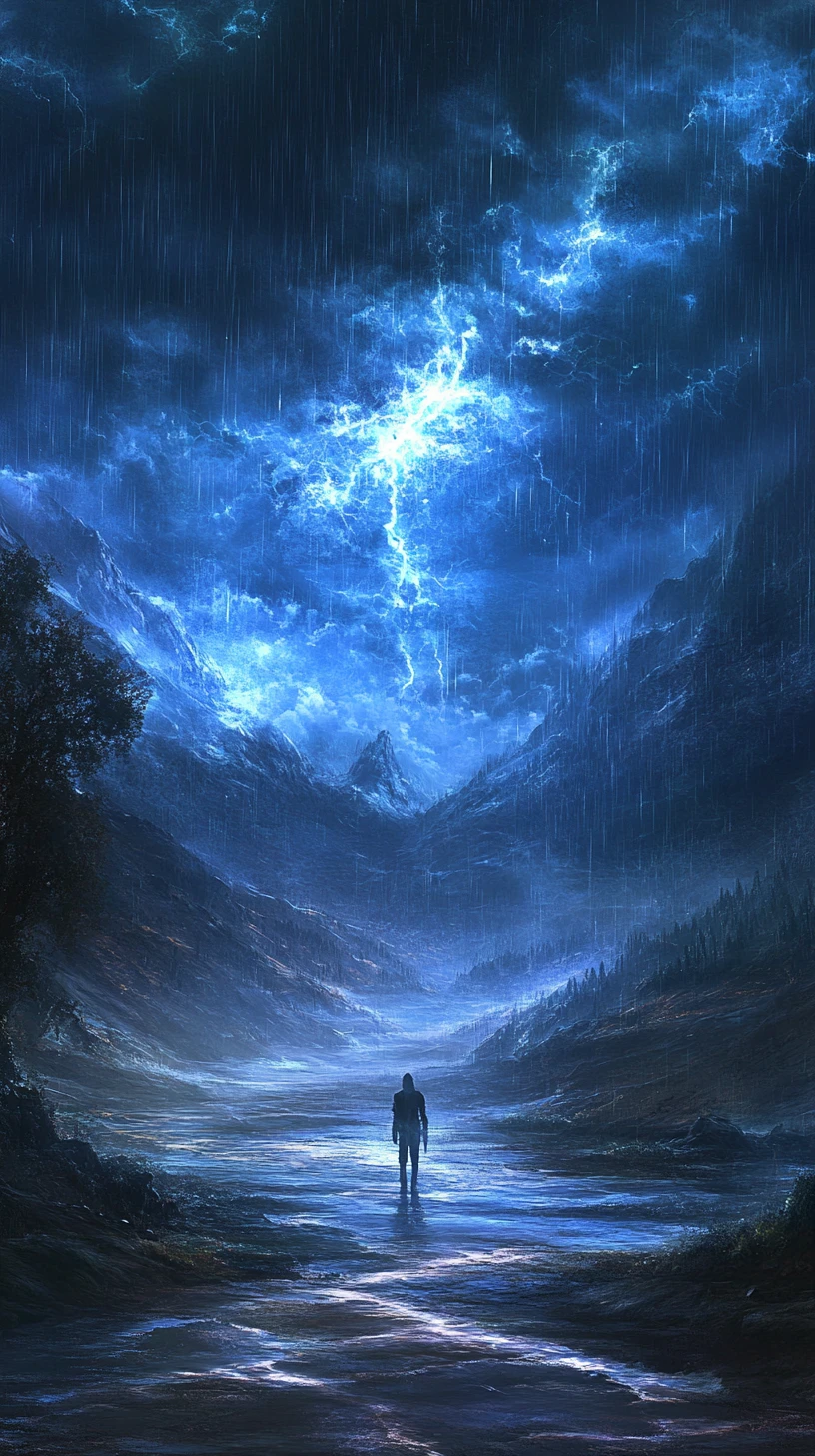 Young boy standing on a stormy night street with lightning