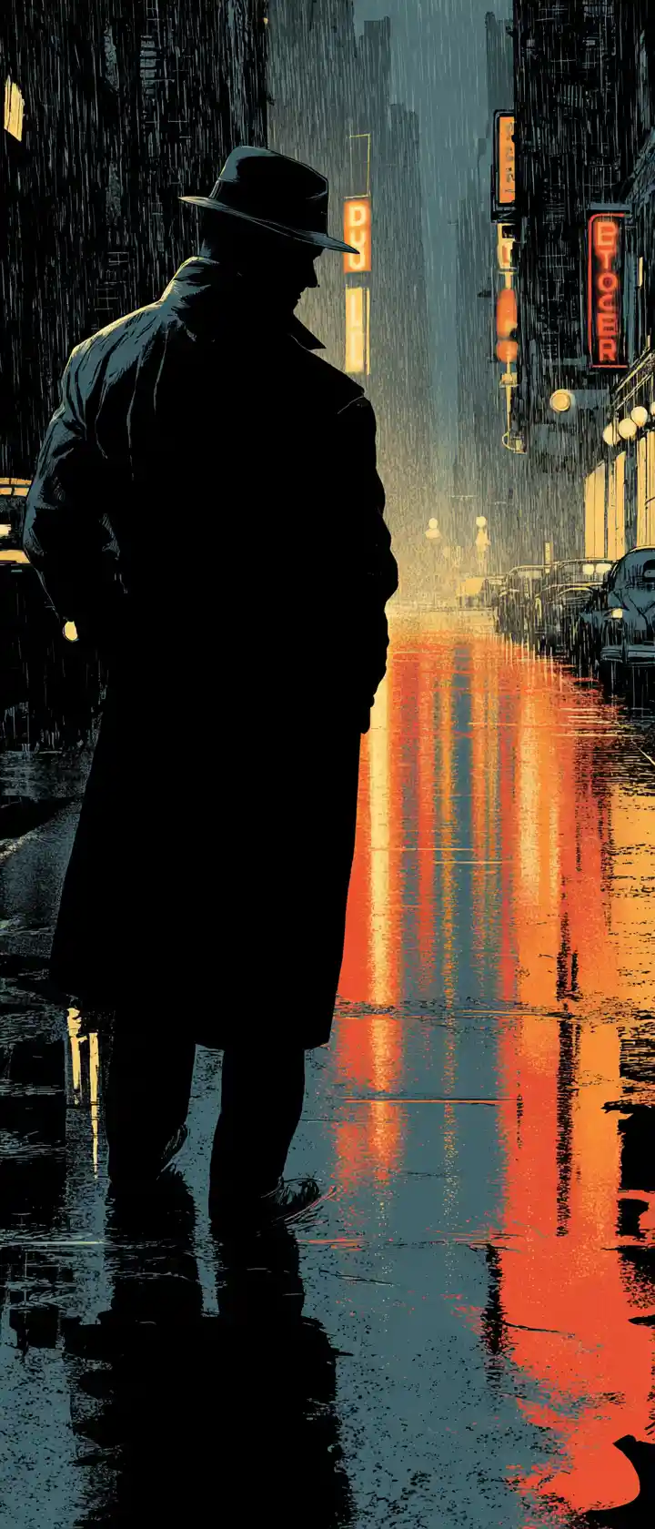 Mysterious silhouette vigilante in noir city alley at night