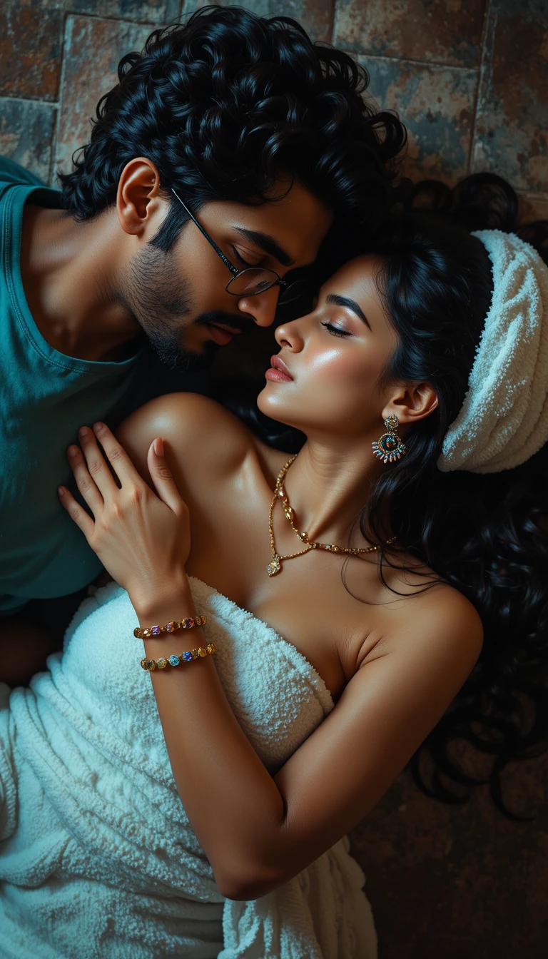 Romantic Indian couple lying close together on floor