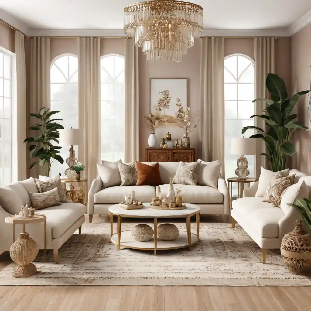Bohemian living room with beige accents in 3D rendering