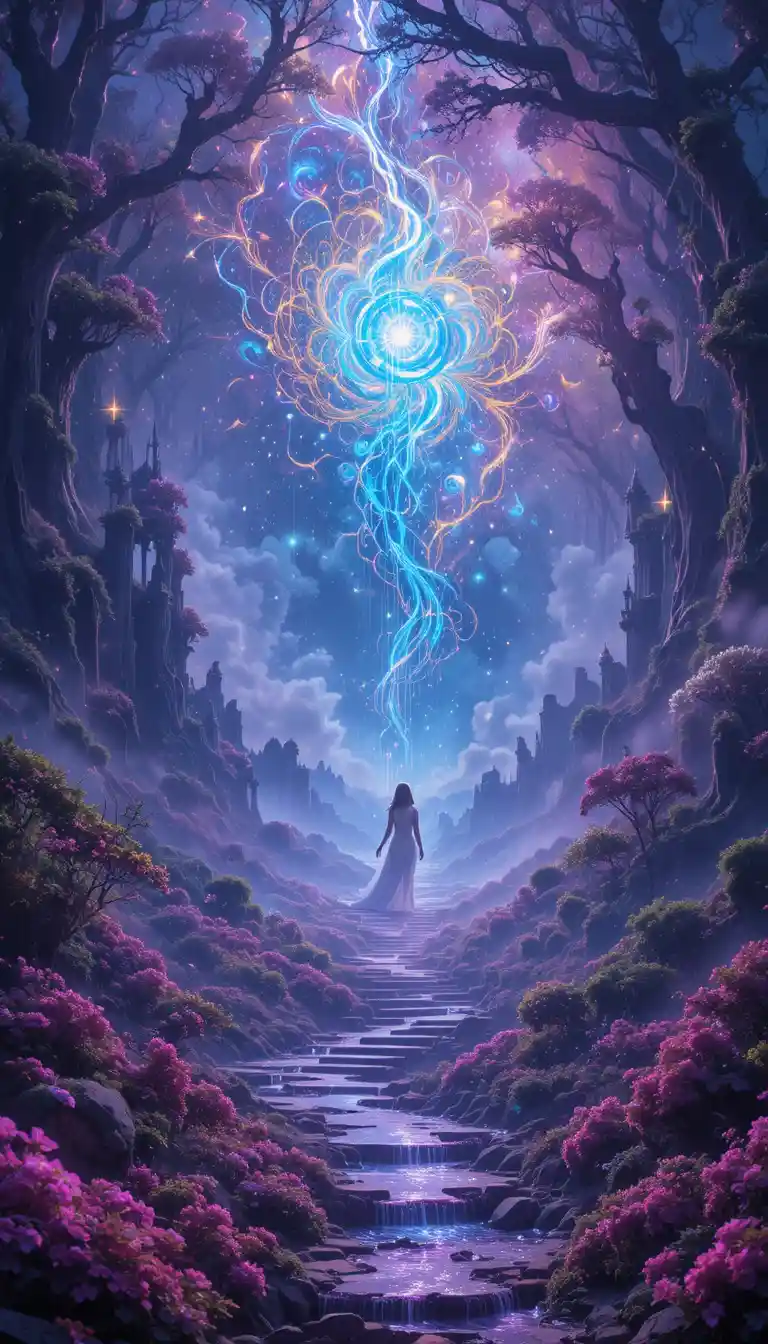 Mystical fantasy landscape with radiant iridescent cosmic lights
