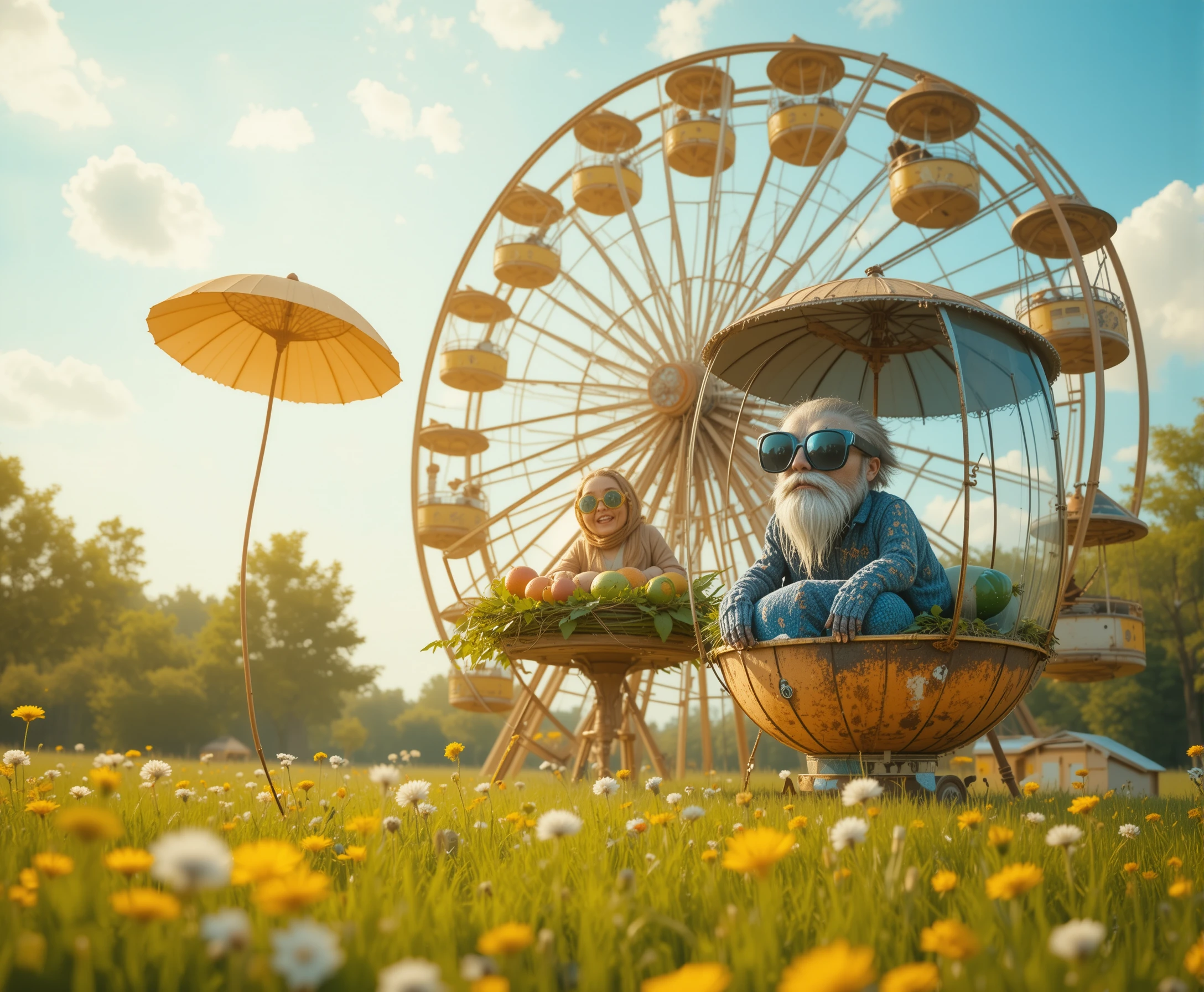 Whimsical ferris wheel of recycled summer treasures in meadow