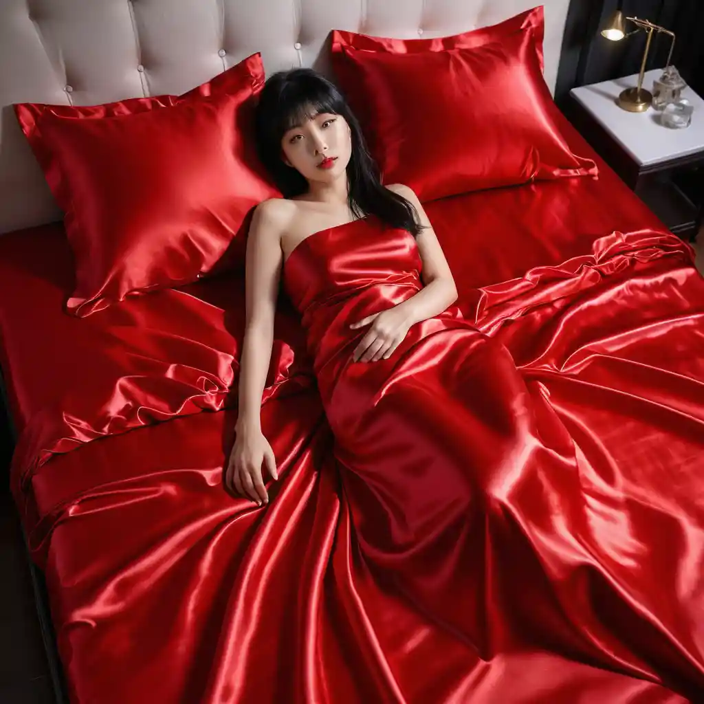 Korean woman lying on red satin bed looking at viewer