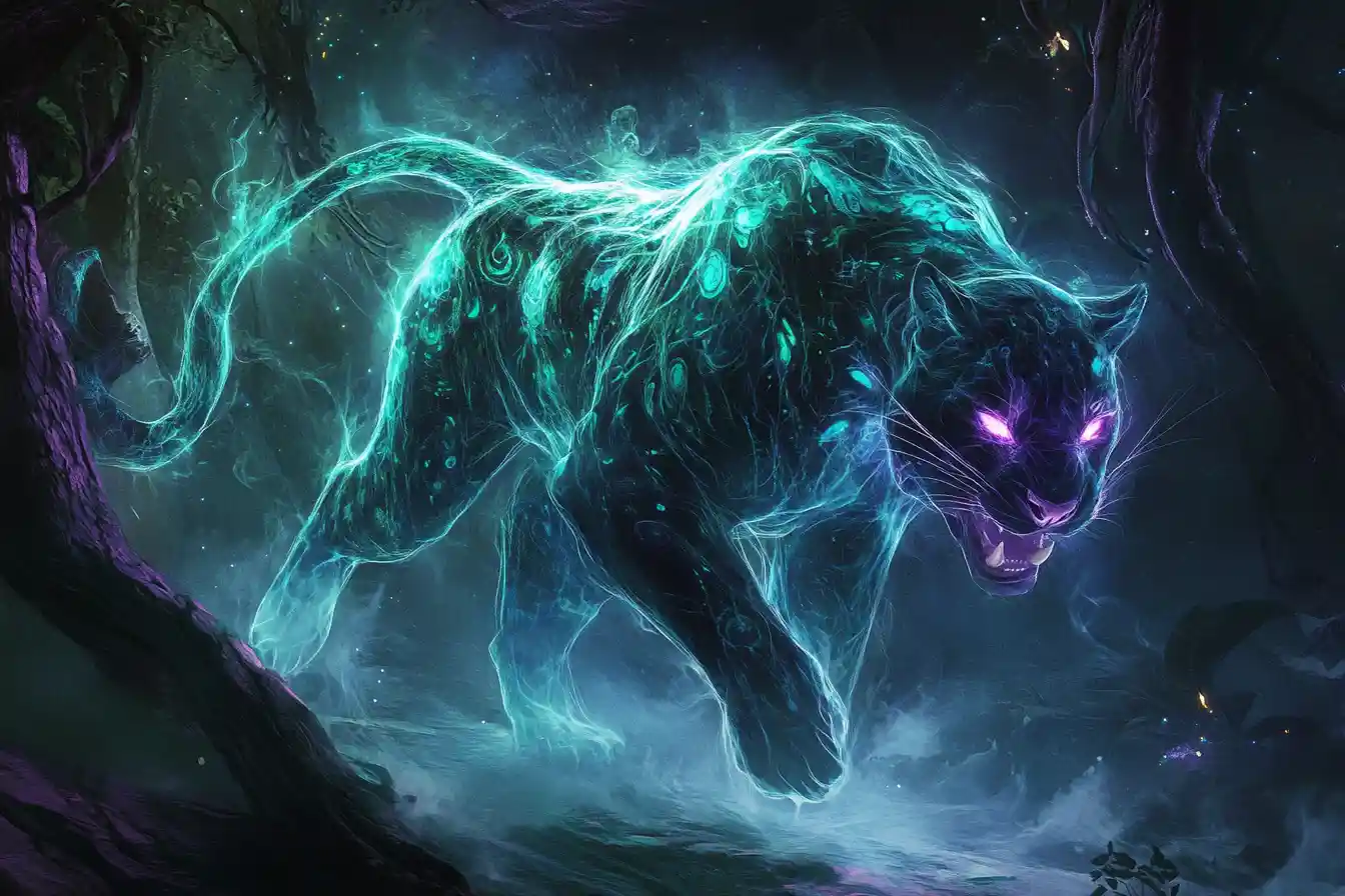 Bioluminescent Smoke Panther In Enchanted Forest Night