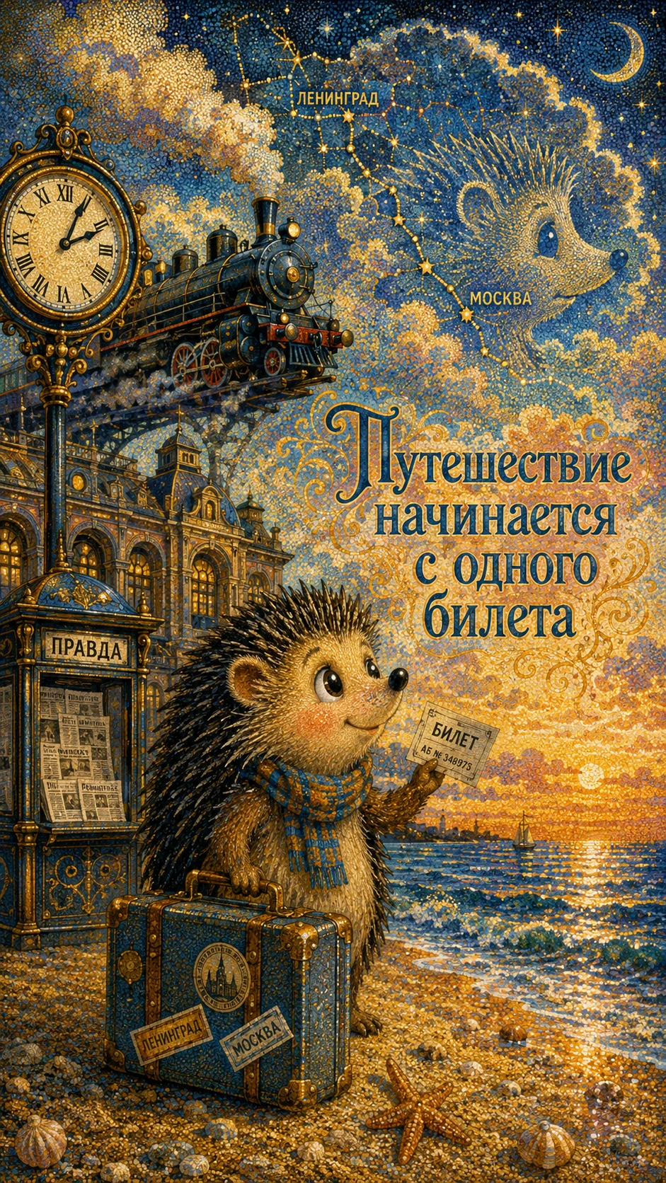 Playful hedgehog with suitcase on a 1990s style beach