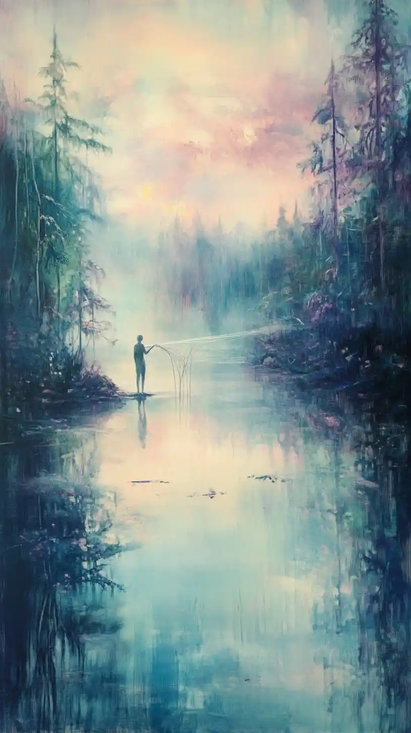 Serene Figure Beside Lake With Floating Canopy Reflection