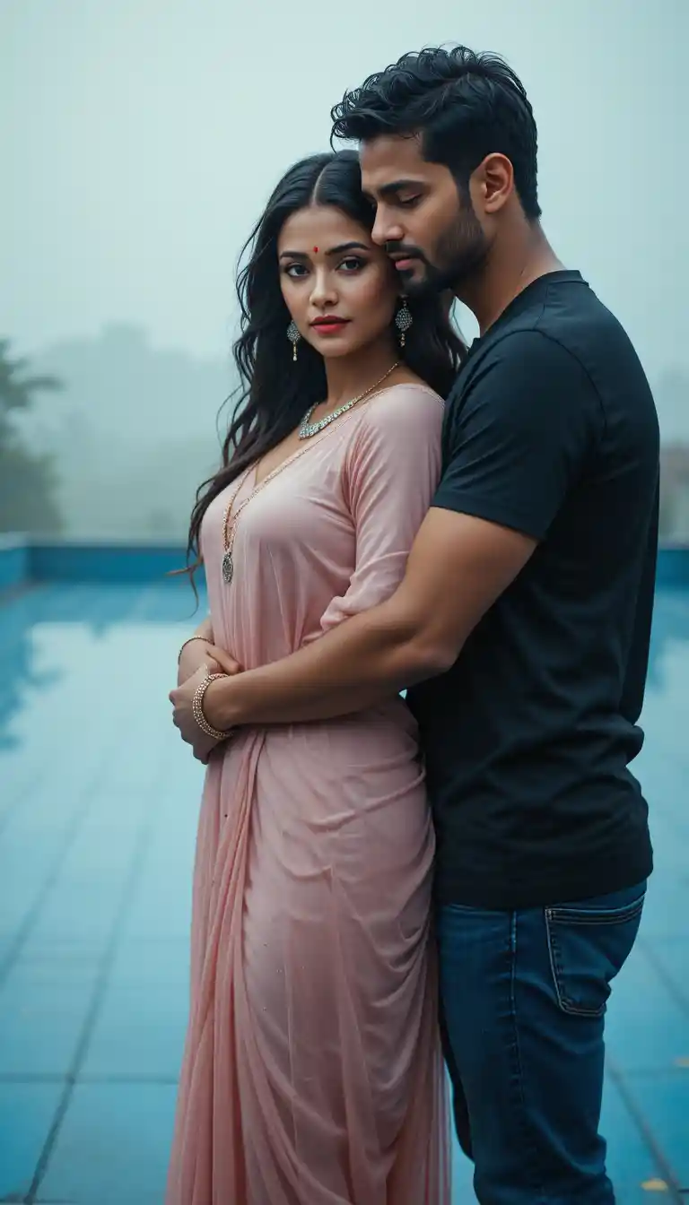 Romantic South Indian couple embracing in soft misty courtyard