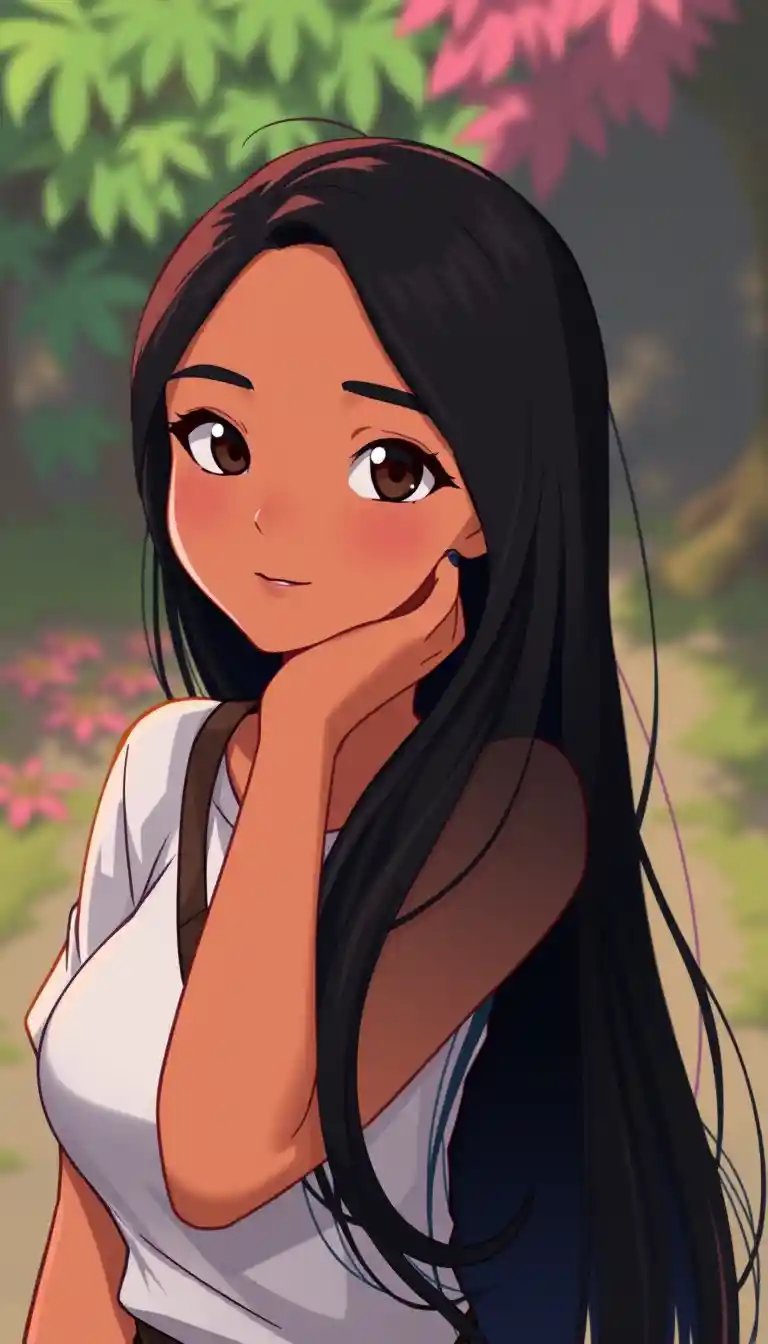 Brown skinned girl with long dark hair inspired by cartoons