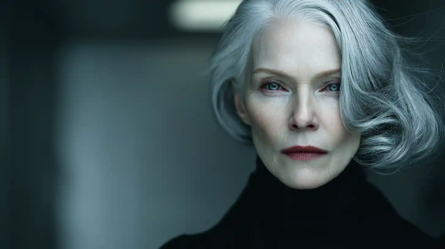Older woman in futuristic cyber suit aboard spaceship