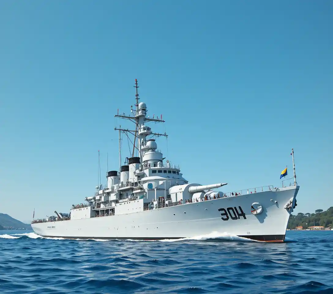 White warship marked F 904 sailing on calm blue water