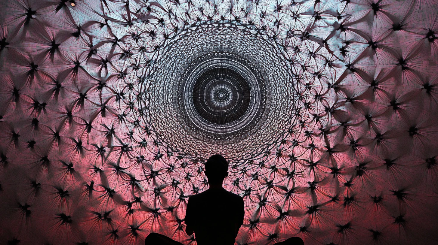Symmetrical circular canopy above void with suspended threads