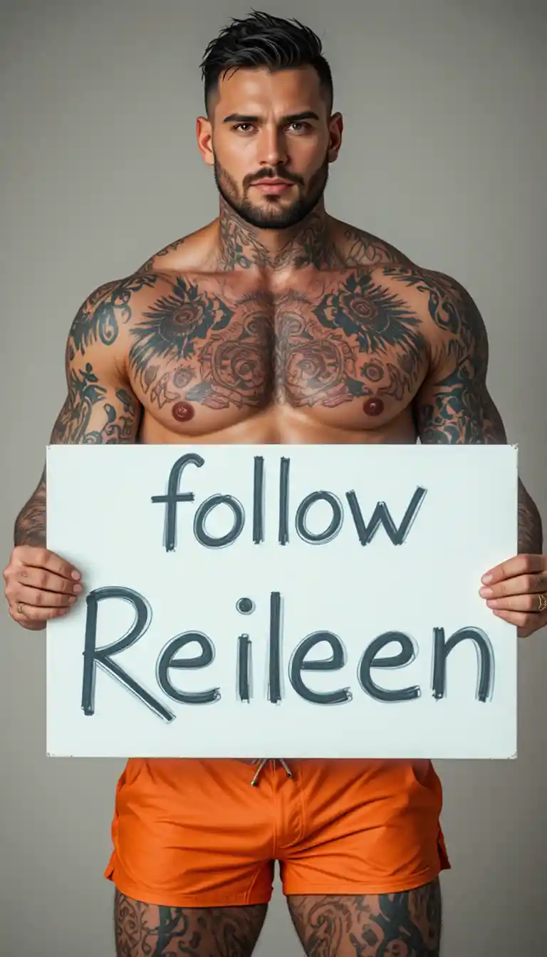 Tattooed man in orange swim trunks holding a white sign