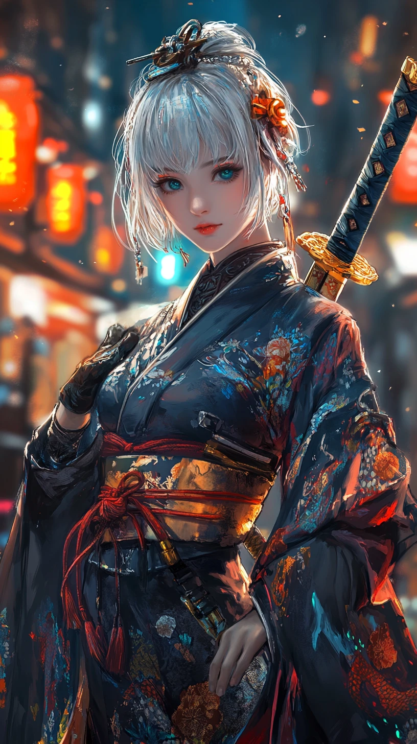 Samurai woman in dragon kimono on neon lit street
