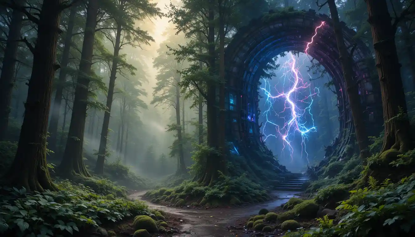 Forest world meets cosmic galaxy in a fantasy vista