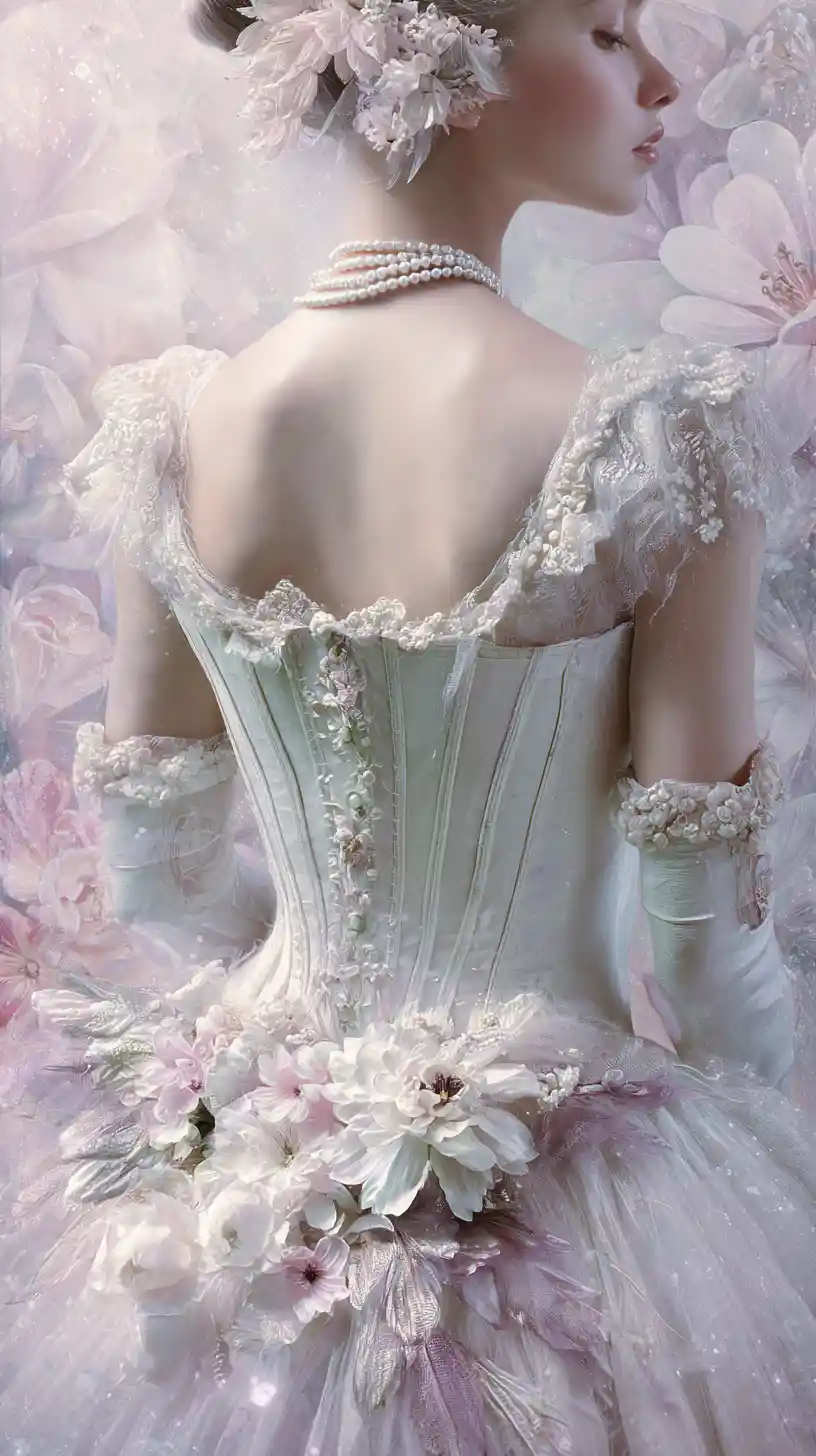 Pearl adorned princess in delicate lace with pastel flowers