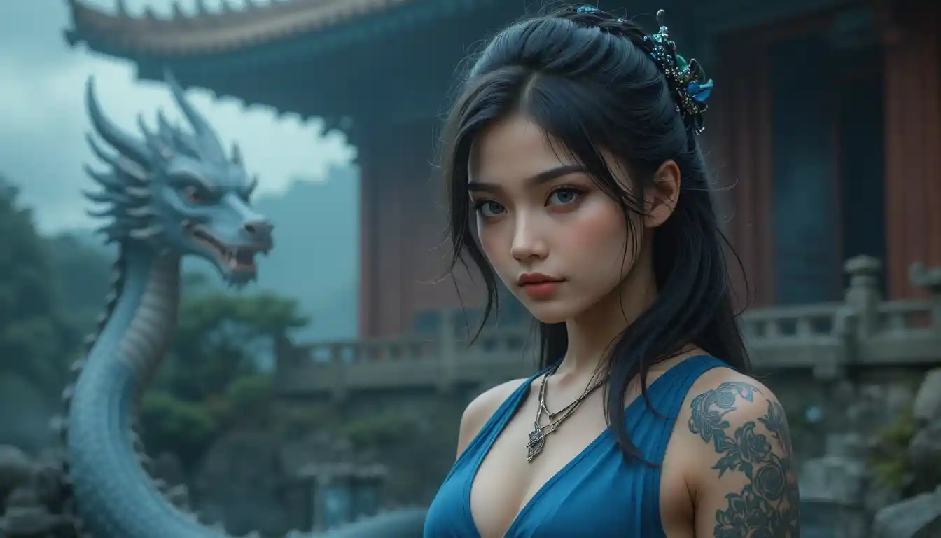 Asian woman in blue dress at misty buddhist temple