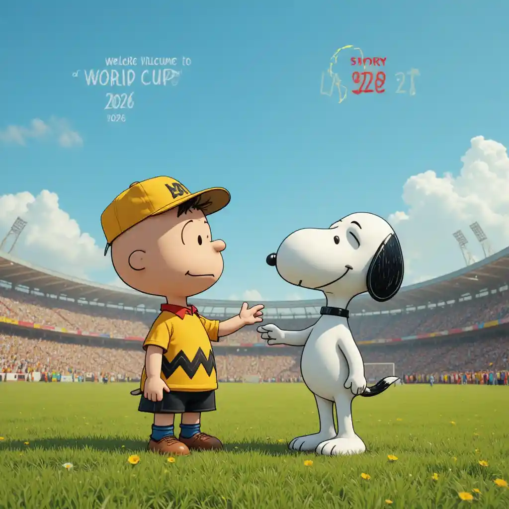 Cartoon boy and dog greeting fans at football world cup