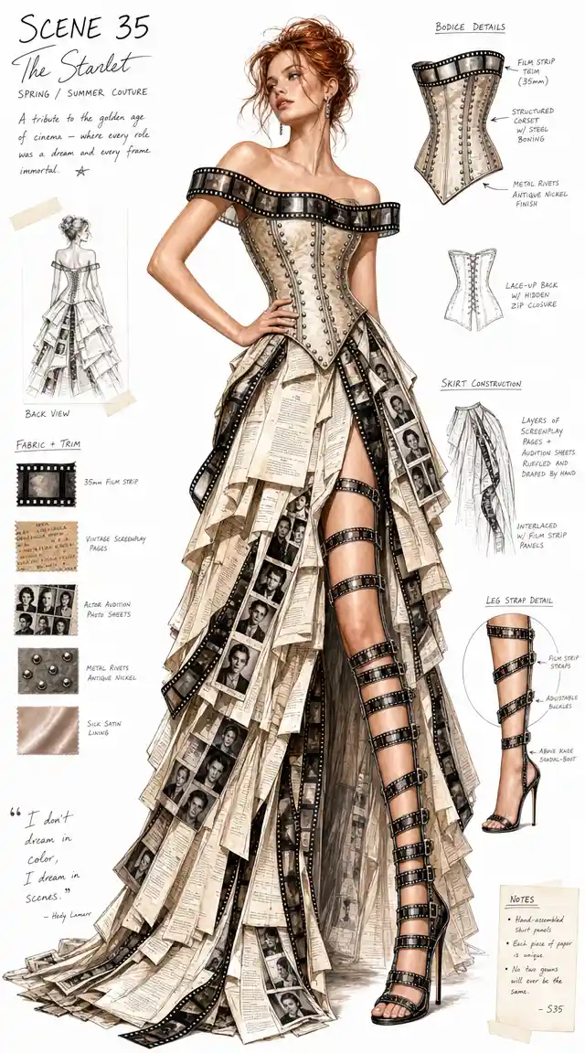 Elegant fashion illustration of a woman in cinematic inspired gown