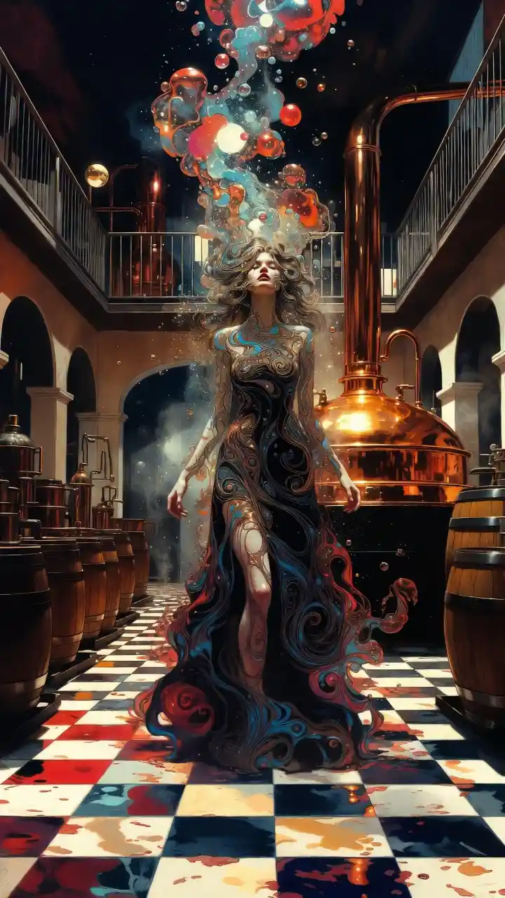 Surreal fashion woman in a magical brewery interior