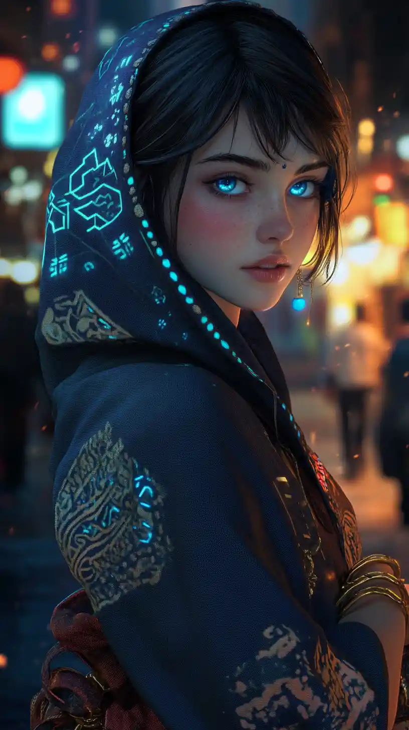 Contemplative anime girl in a glowing cyberpunk alley
