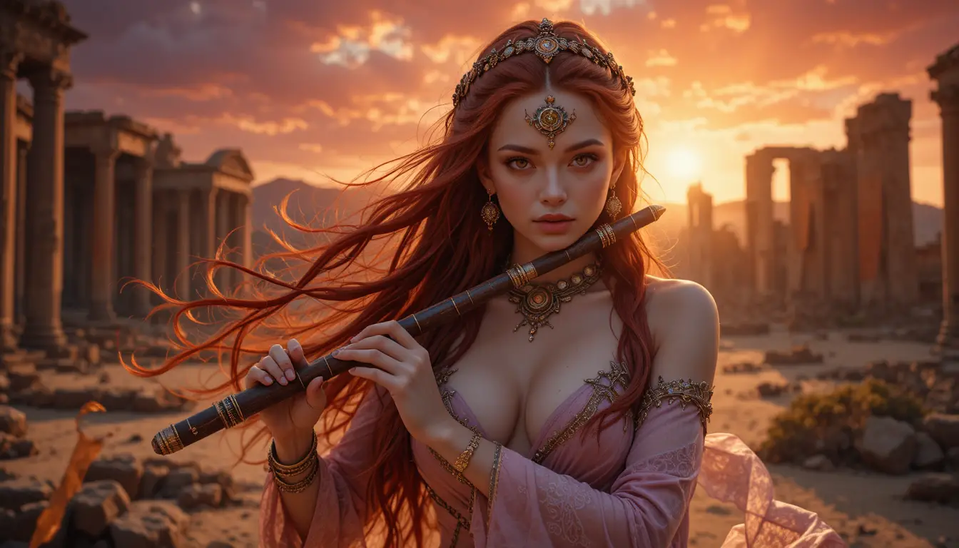 Fiery haired fantasy bard playing flute in desert ruins