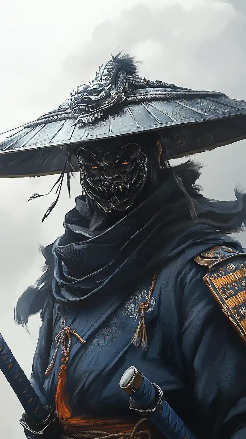Armored warrior portrait with oni mask and dragon armor