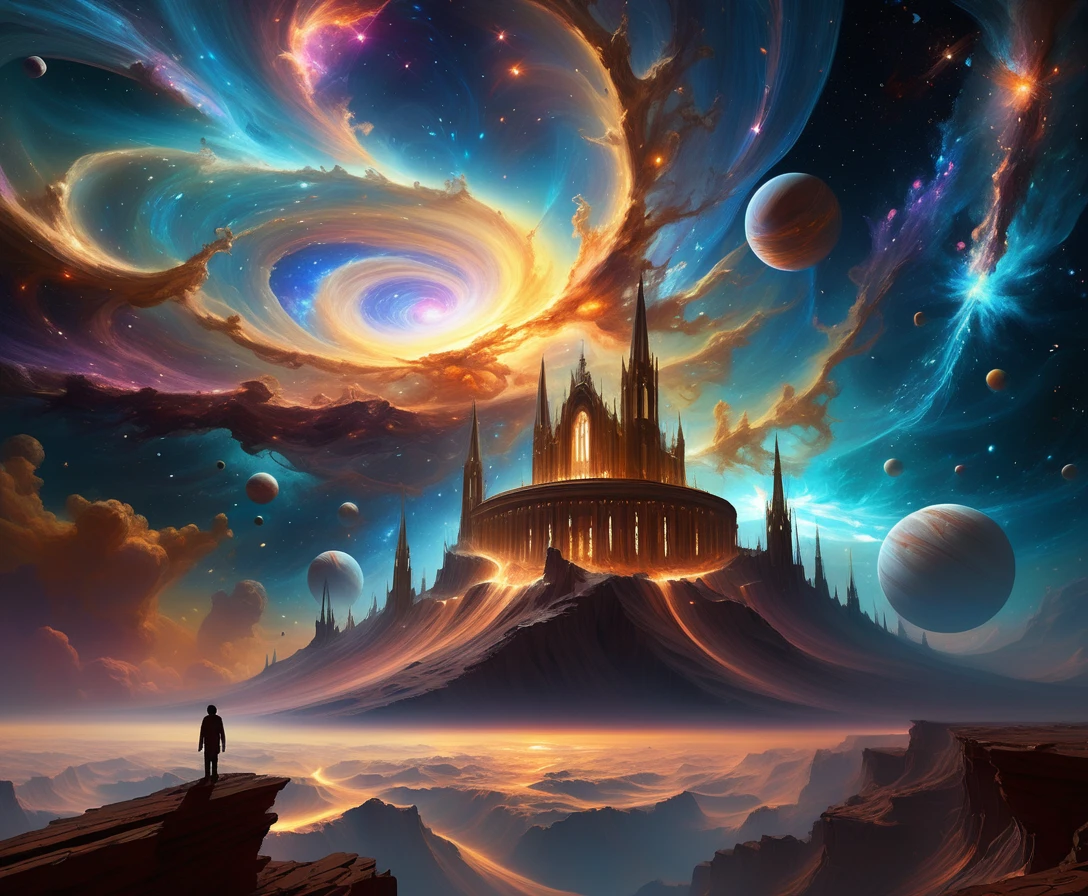 Spaceship crew drifting through glowing nebula filled cosmos