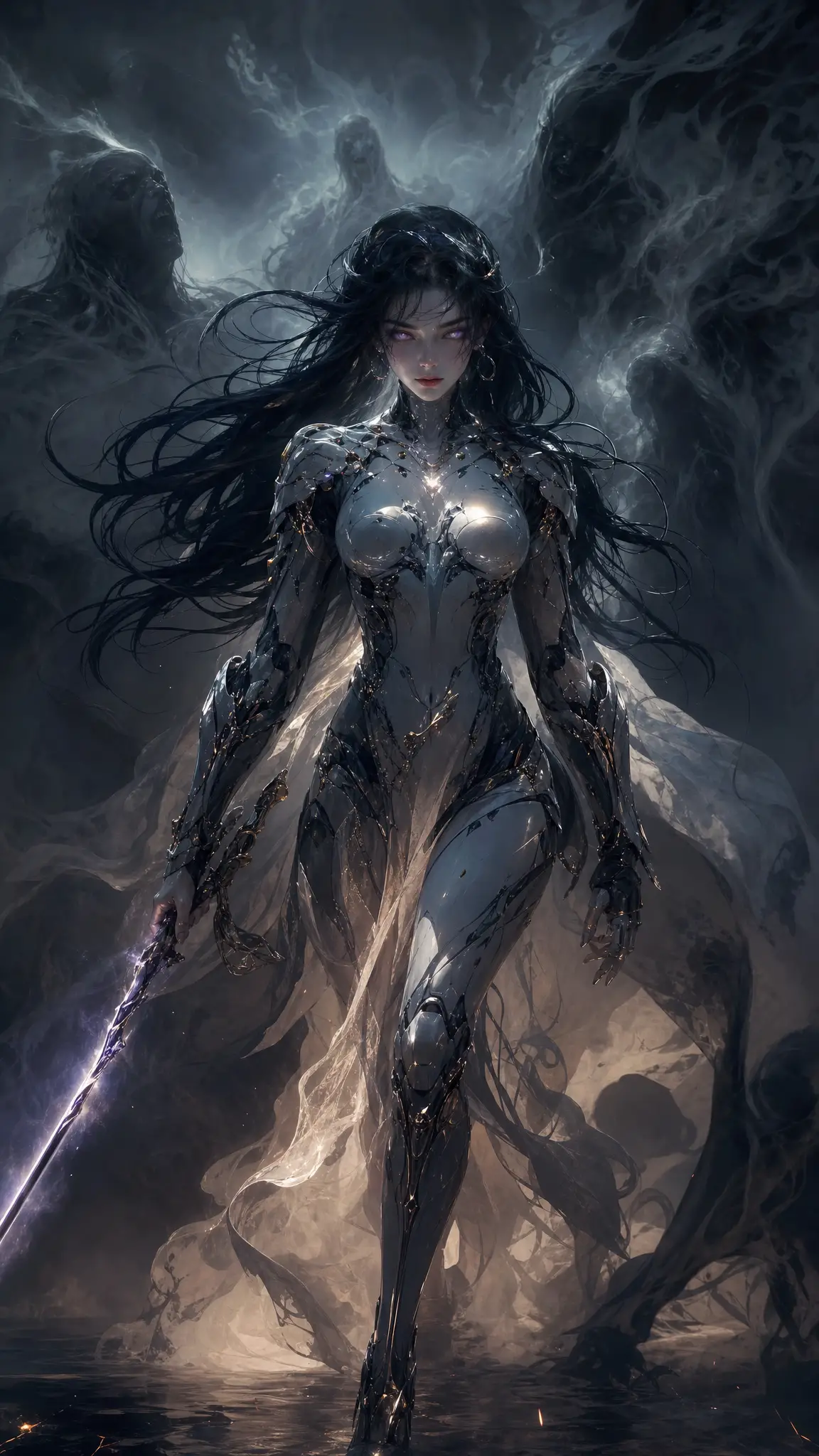 Ethereal warrior woman striding through swirling ghostly smoke