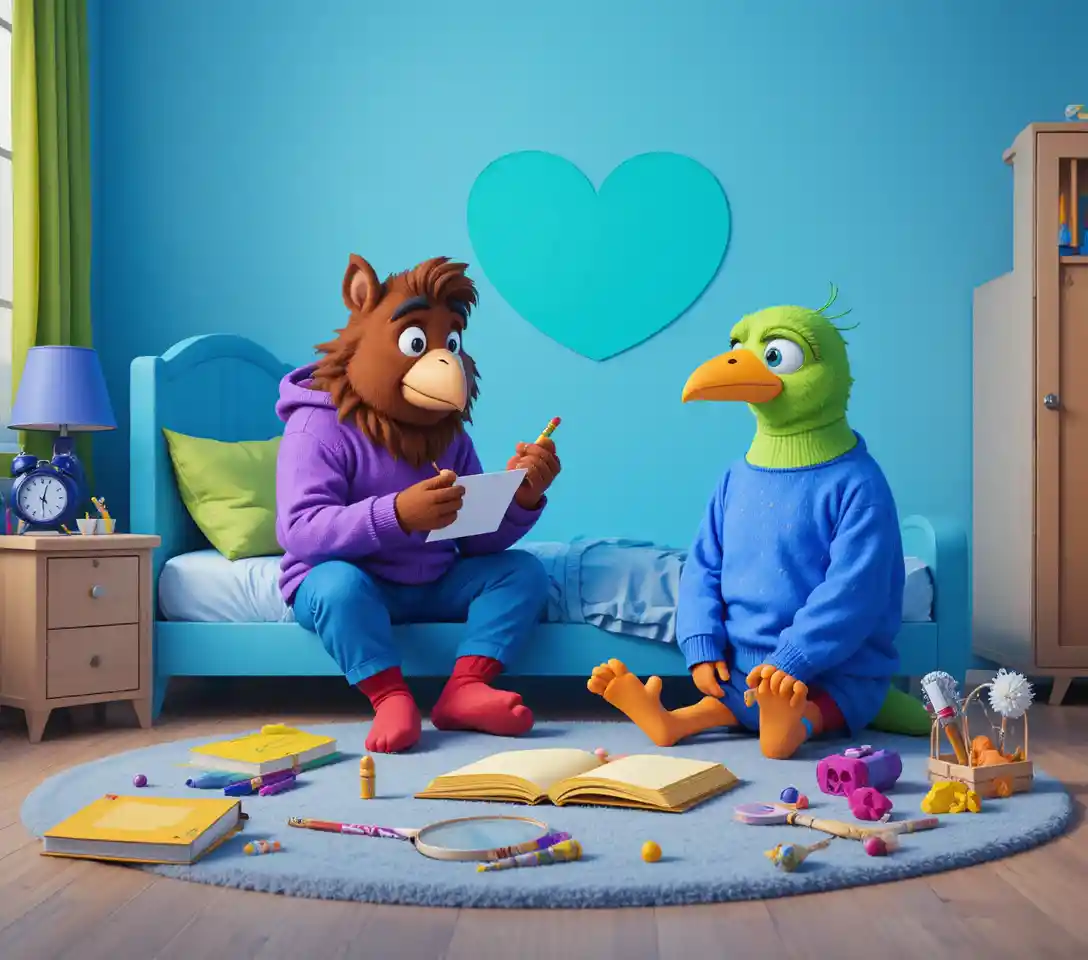 Anthropomorphic bear and bird on a bed in a bedroom