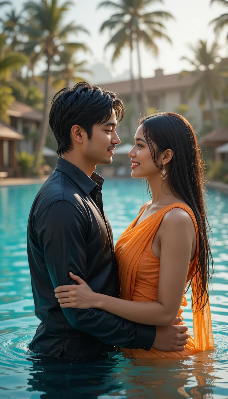 Romantic couple embracing in a pool at a luxury resort
