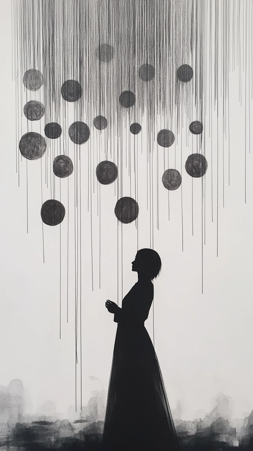 Solitary figure holding endless threads in vast negative space