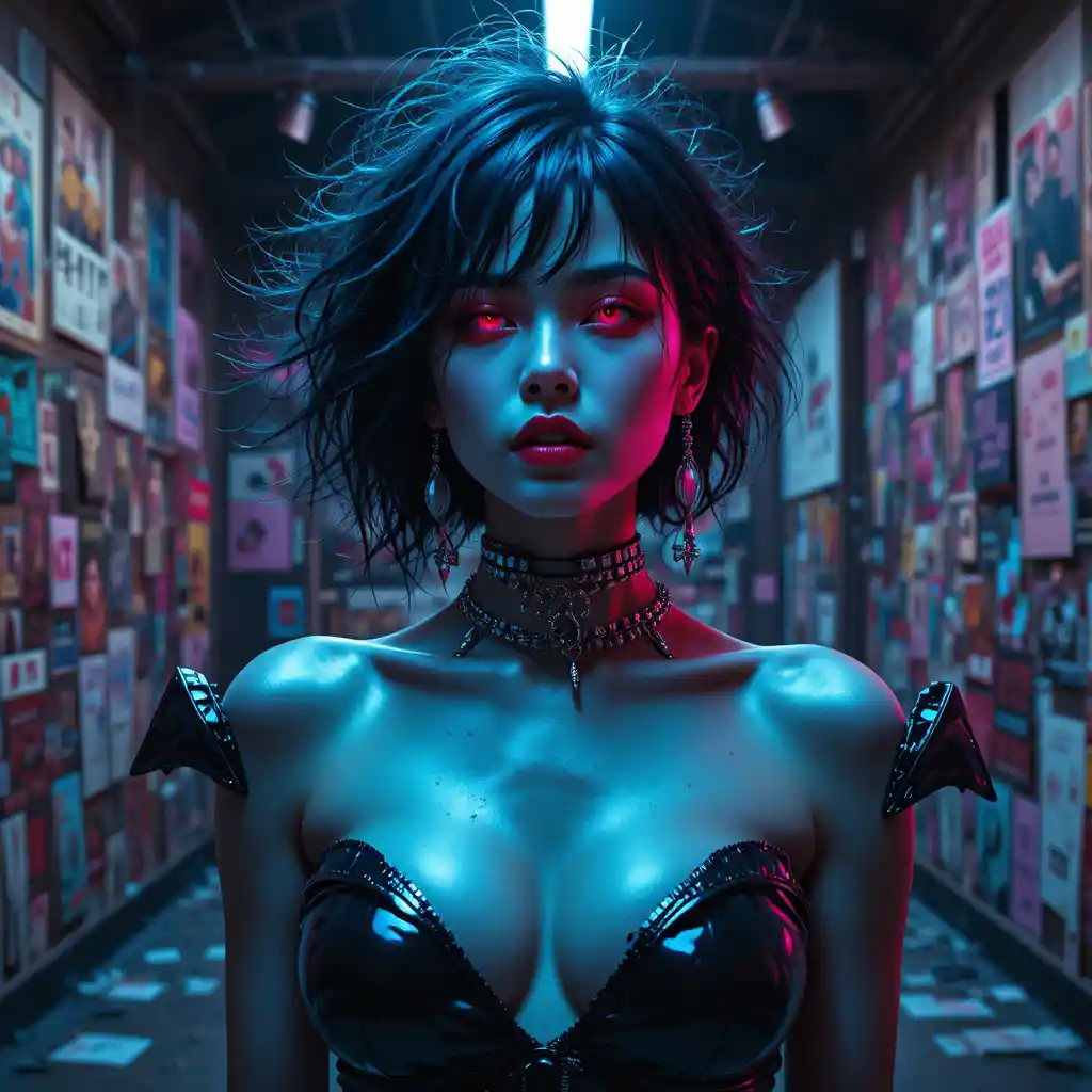 Cinematic fashion portrait of a neon lit urban muse