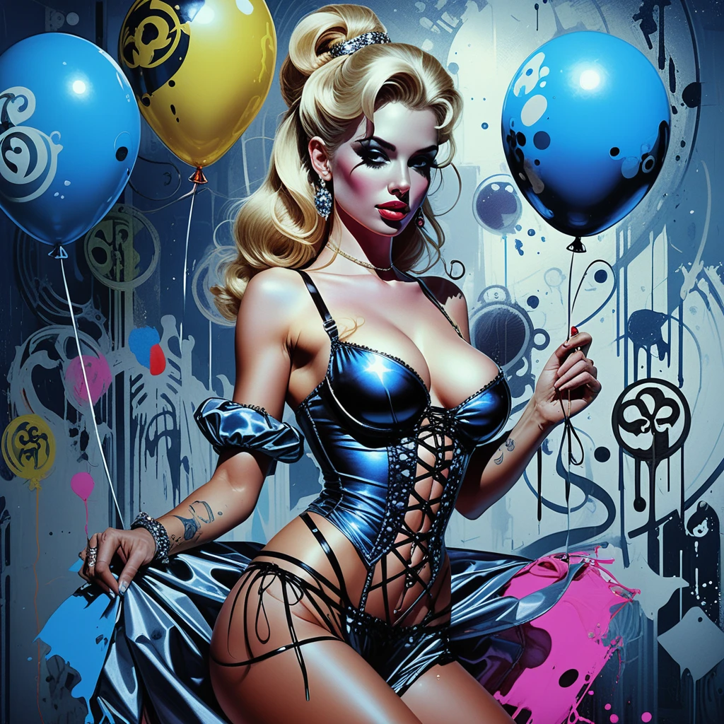 Fantasy birthday pin up woman with cake and balloons
