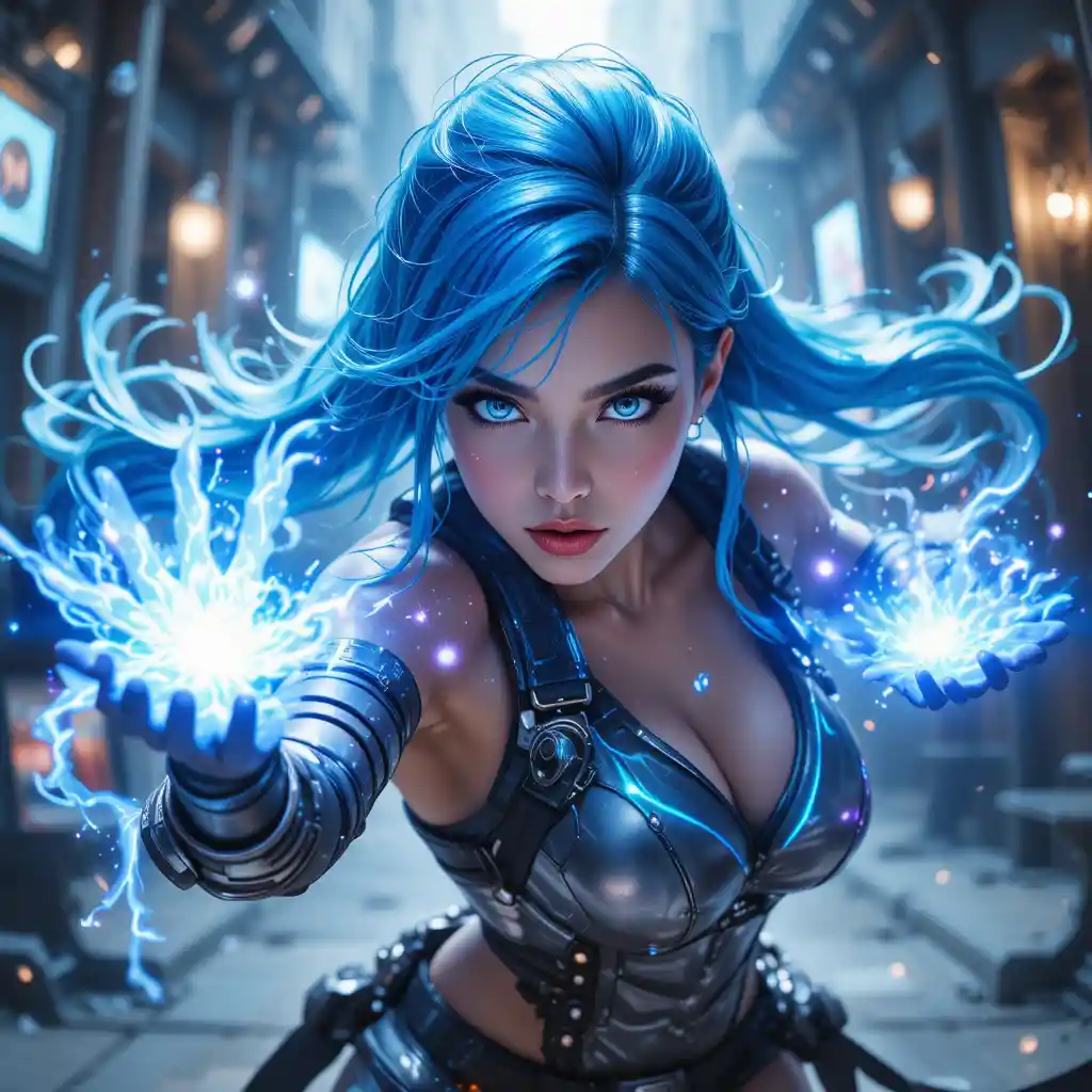 Electric haired heroine unleashing glowing energy in battle