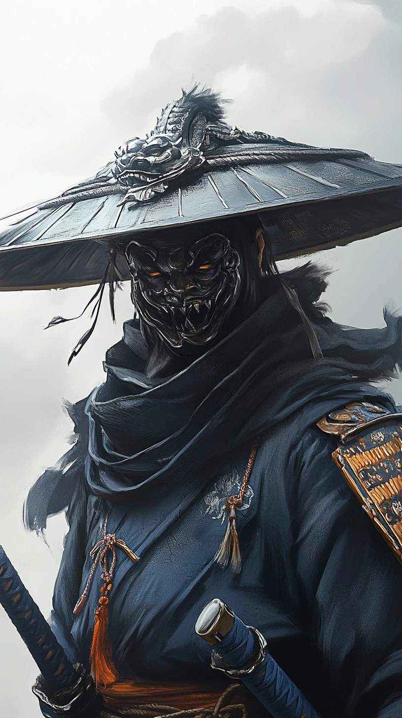 Armored warrior portrait with oni mask and dragon armor