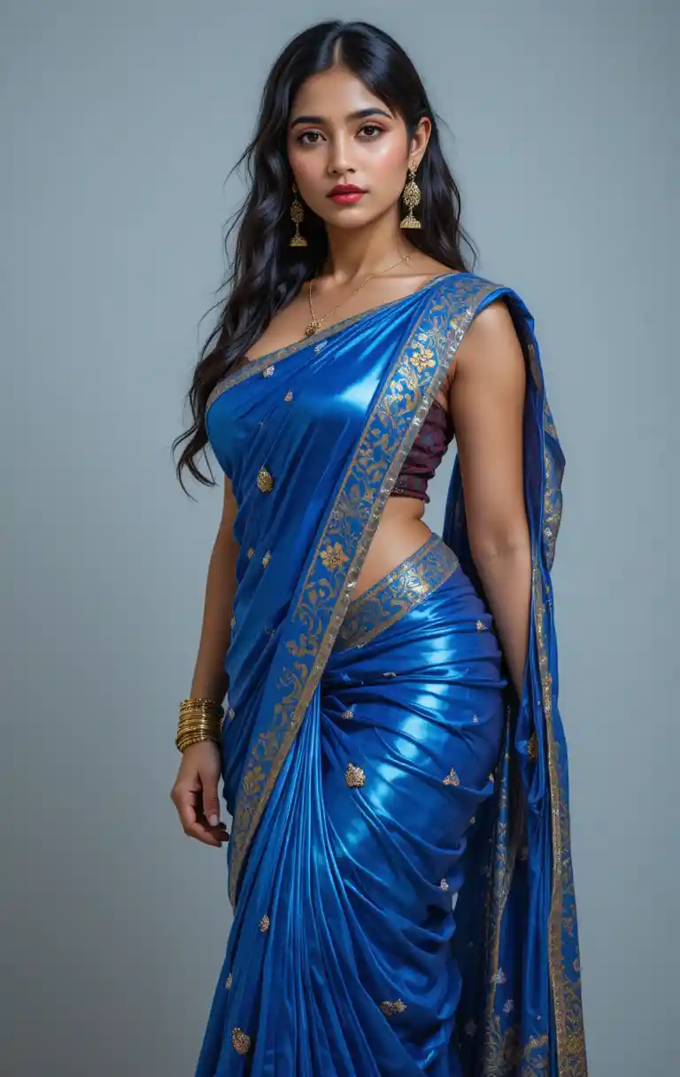 Full body woman in saree with bare midriff and navel
