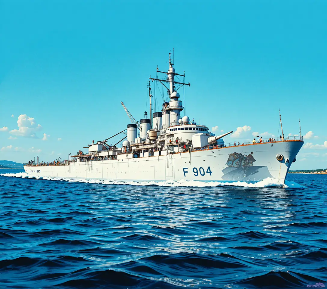 White warship marked F 904 sailing on calm blue water