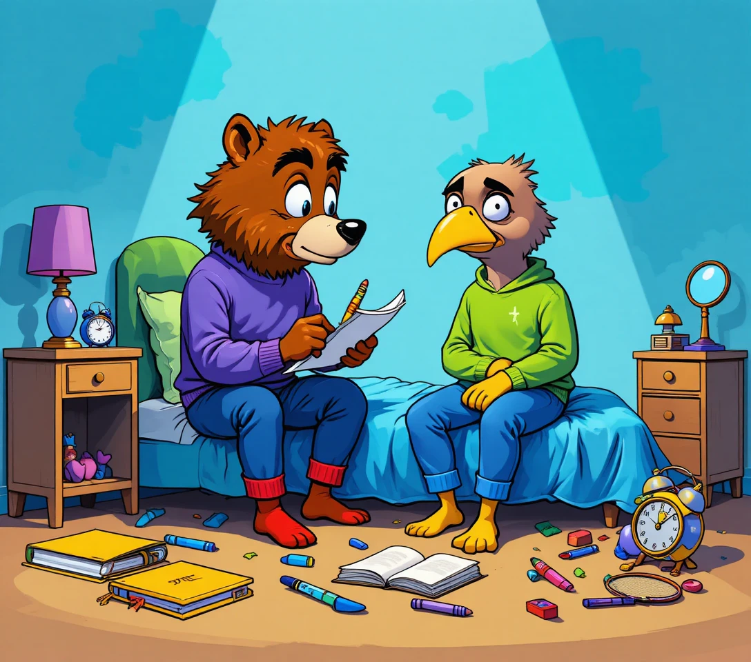 Cartoon bear and bird talking on a blue bedroom bed