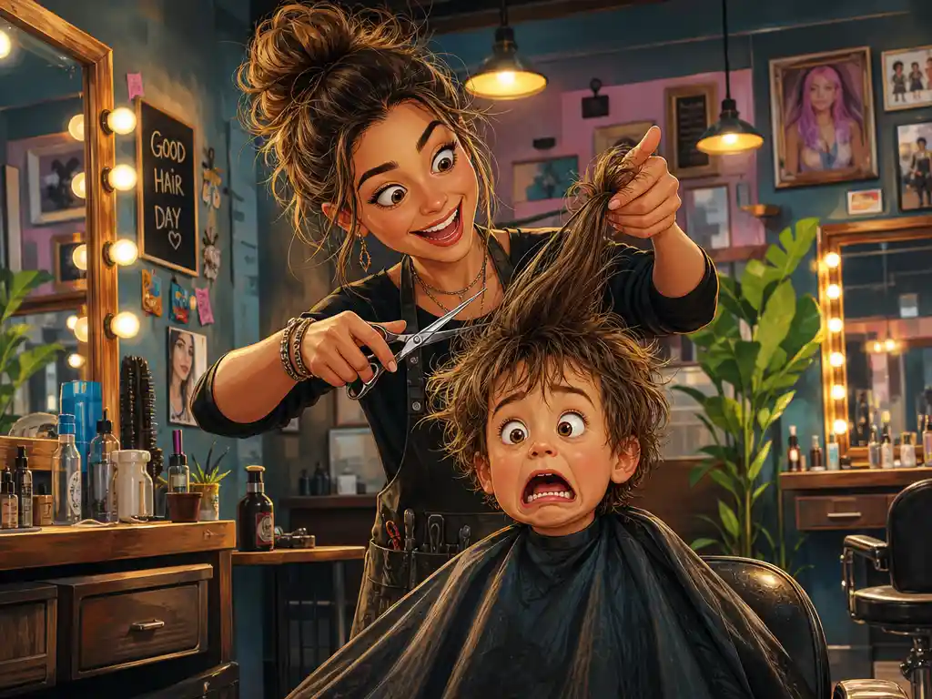 Young hairdresser cutting scared little boy in modern salon