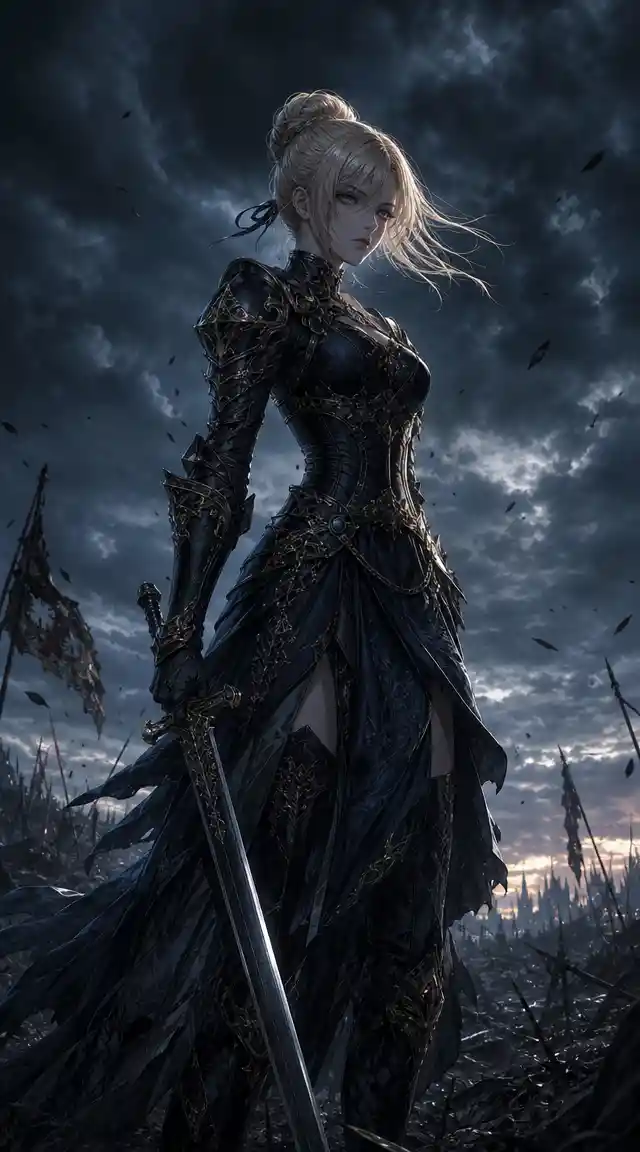Blonde warrior woman with sword on dark fantasy battlefield