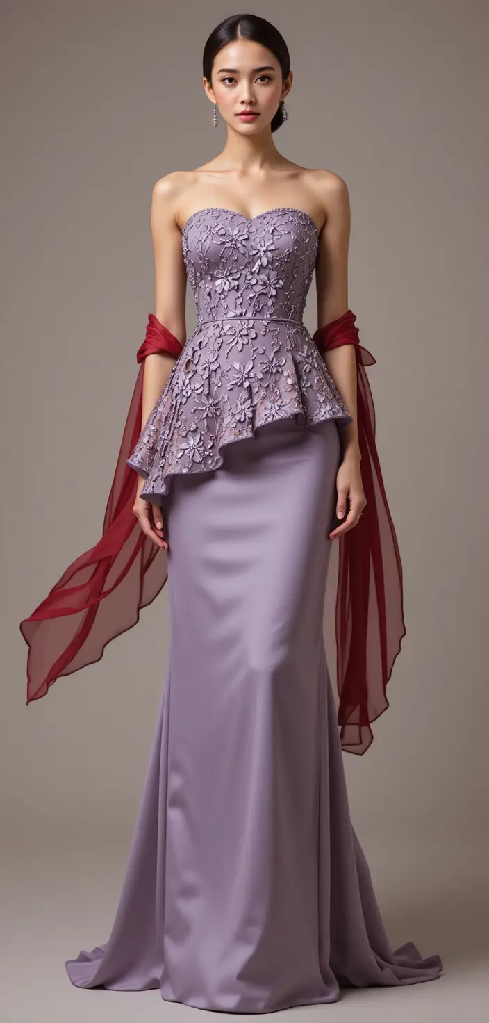 Elegant strapless lace bodice gown with satin column skirt