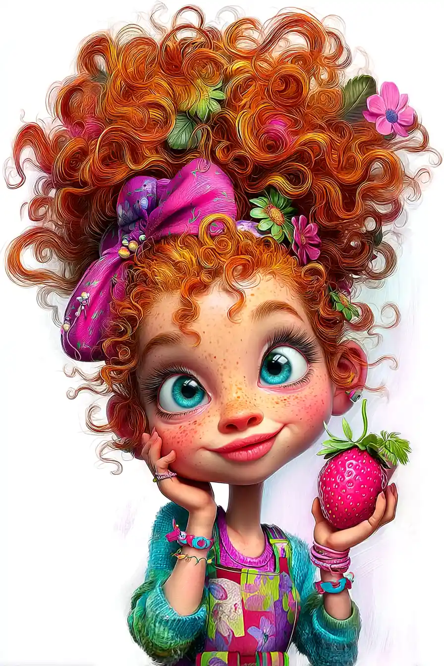 Happy freckled girl with curly ginger hair holding strawberry
