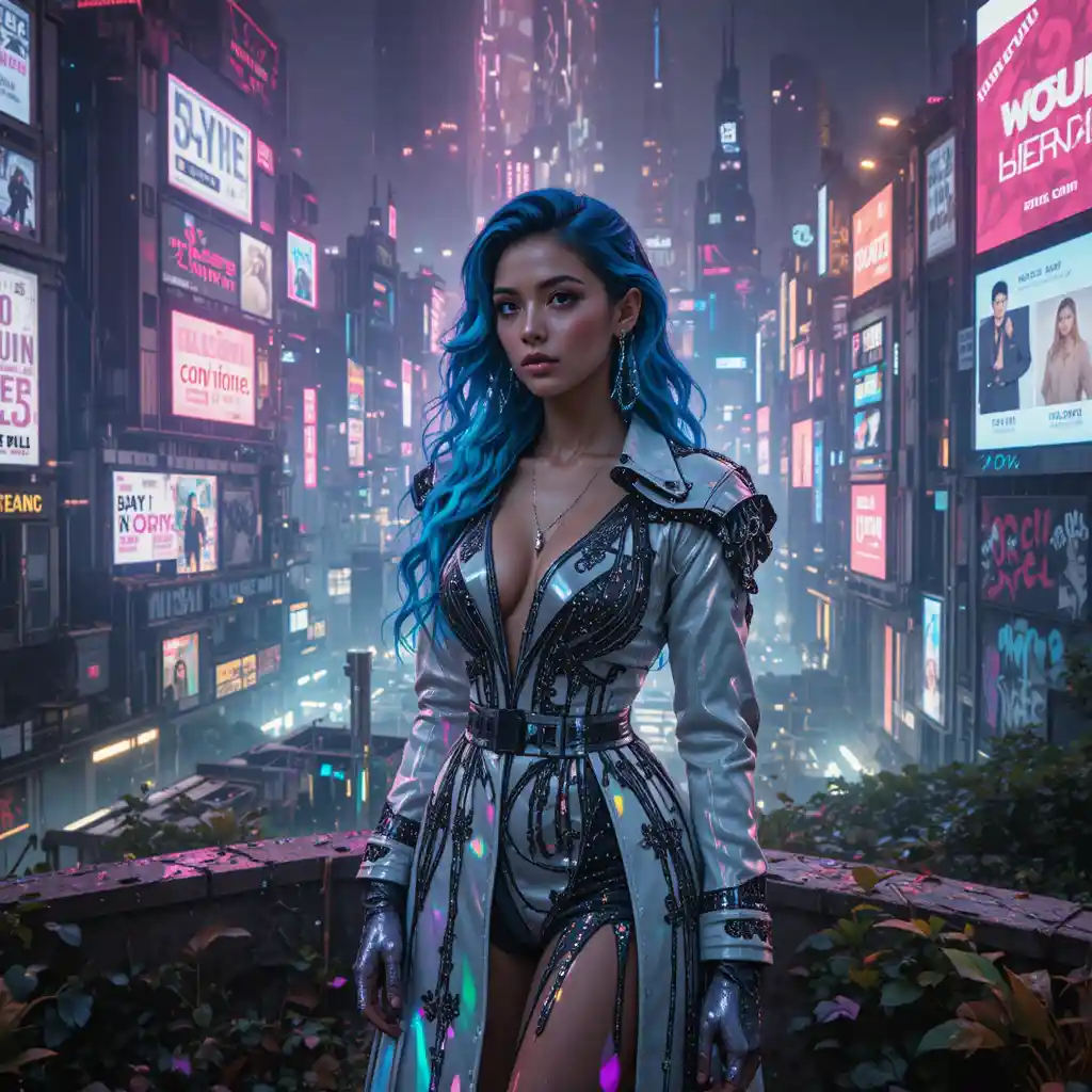 Cyberpunk fashion woman on rainy rooftop garden