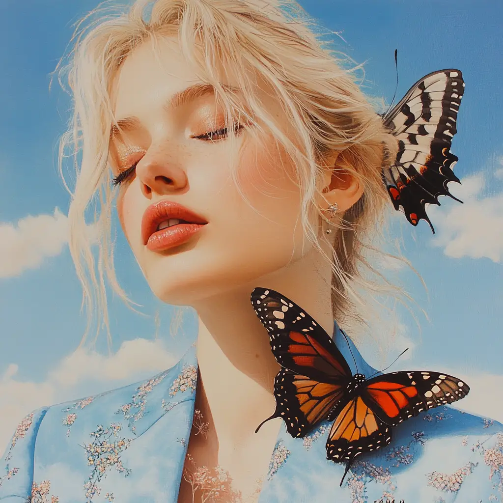 Blonde woman in blue jacket watching a monarch butterfly