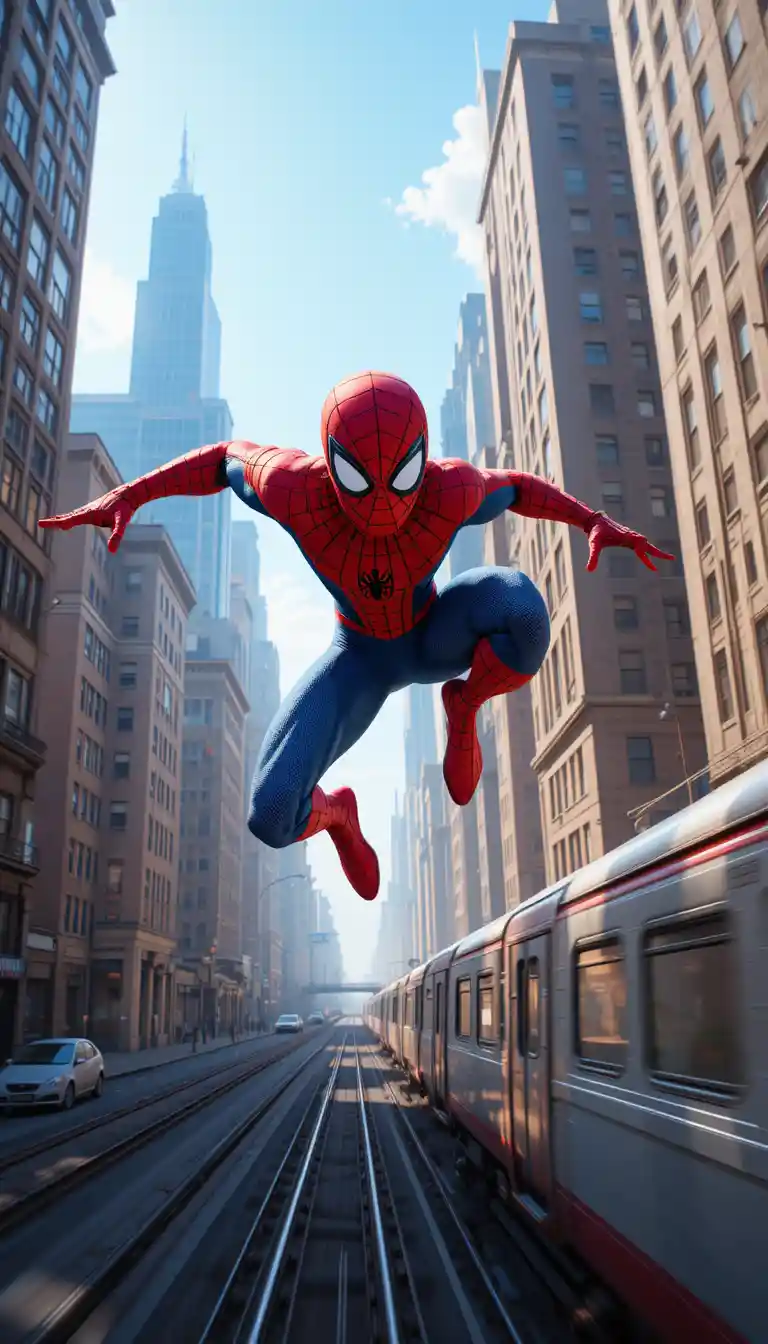 Superhero swinging between New York skyscrapers toward a train