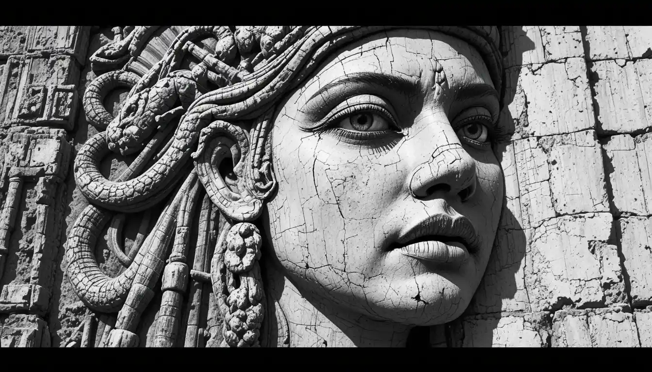 Sin City style close up of ancient stone serpent goddess